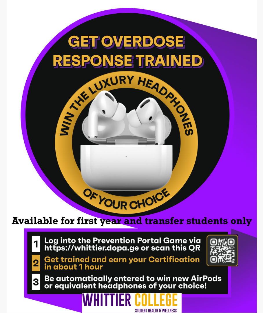 Overdose response training for first year and transfer students. Scan the QR code to take the optional 1 hour training.